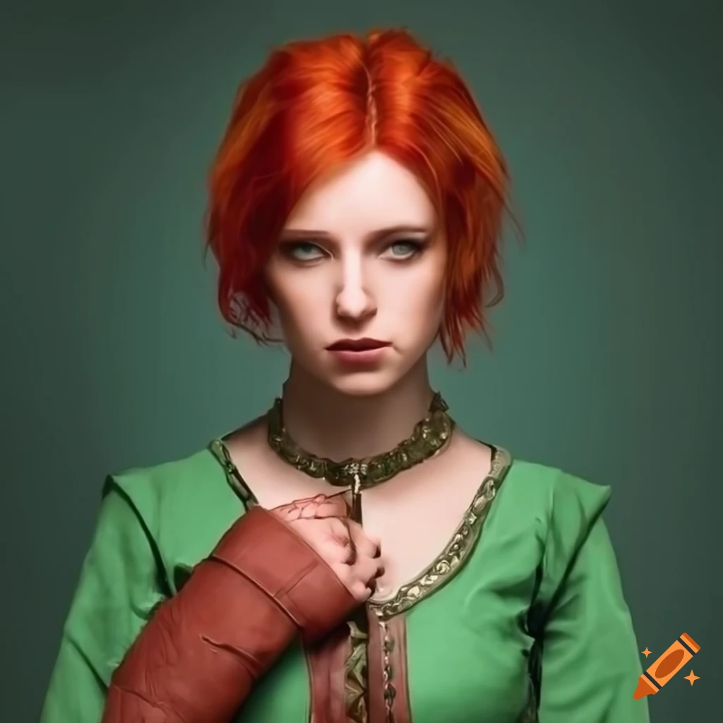  Woman in a green medieval jacket with red hair and green eyes