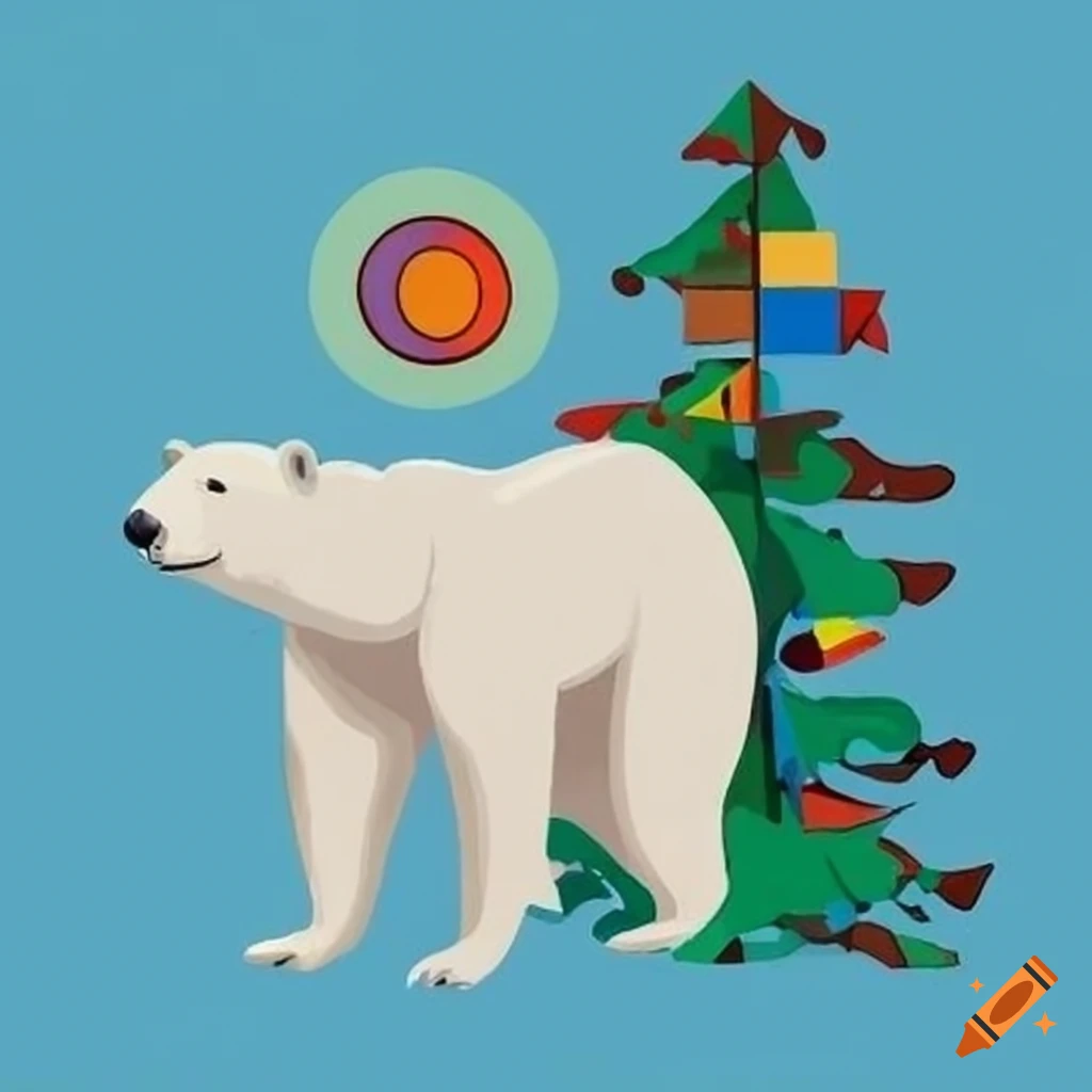 polar bear wearing a winter hat with Kandinsky-style tree
