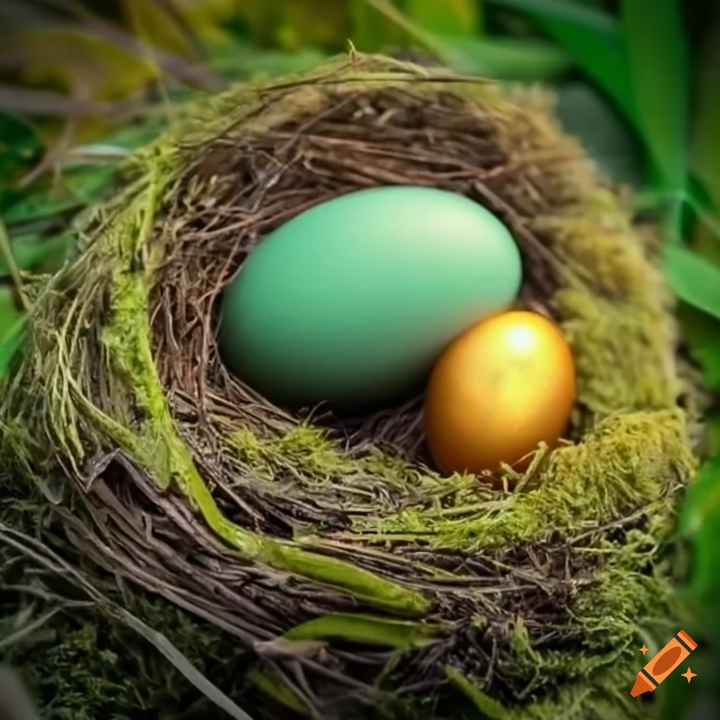 Golden eggs in a mossy bird nest on Craiyon