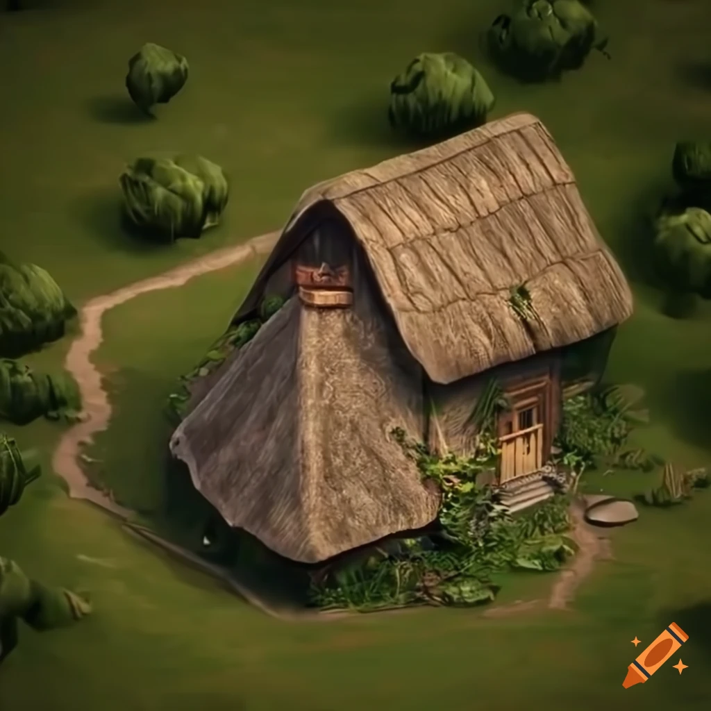 top-down view of a thatched cottage in a meadow
