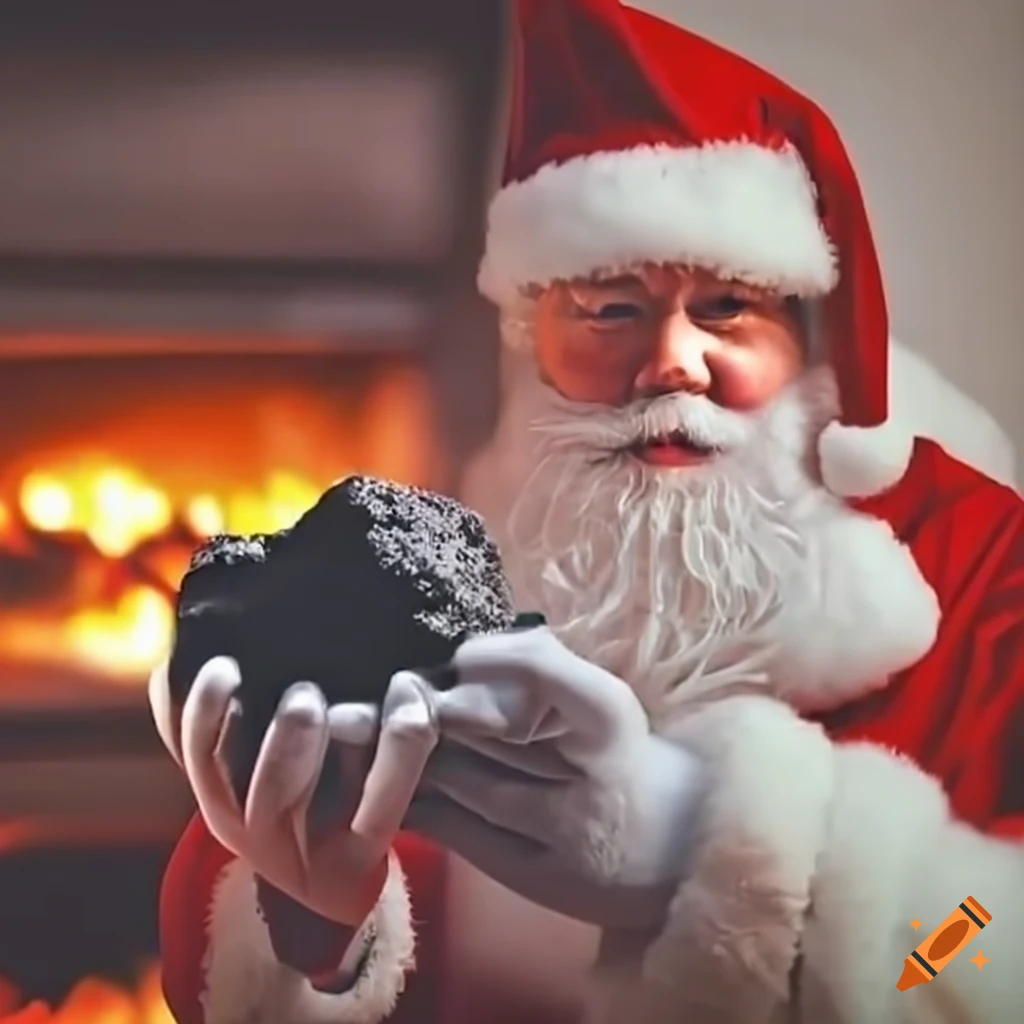 Santa filling stockings with coal by the fireplace