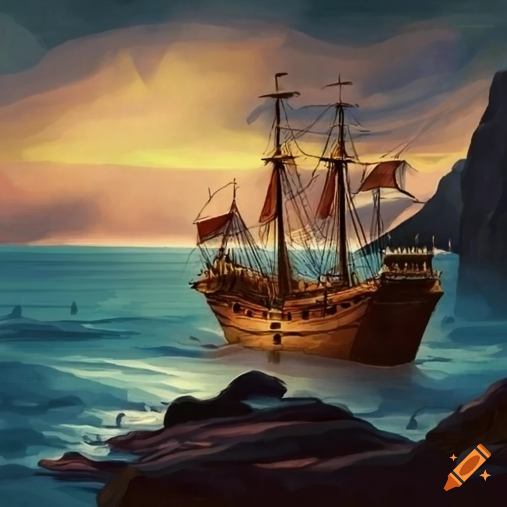 Illustration of mary queen of scots on a sailing ship