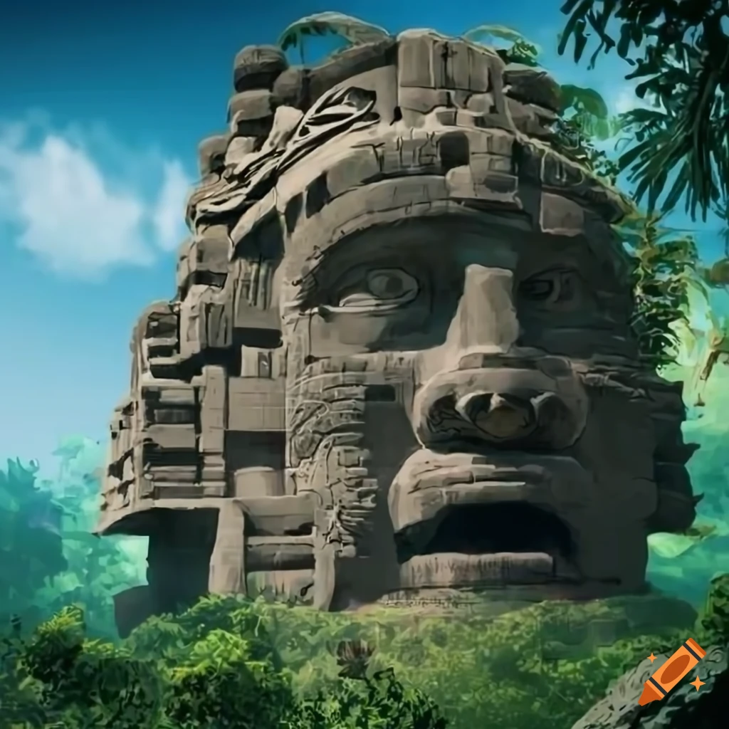 manga rendering of a giant Aztec head in the jungle