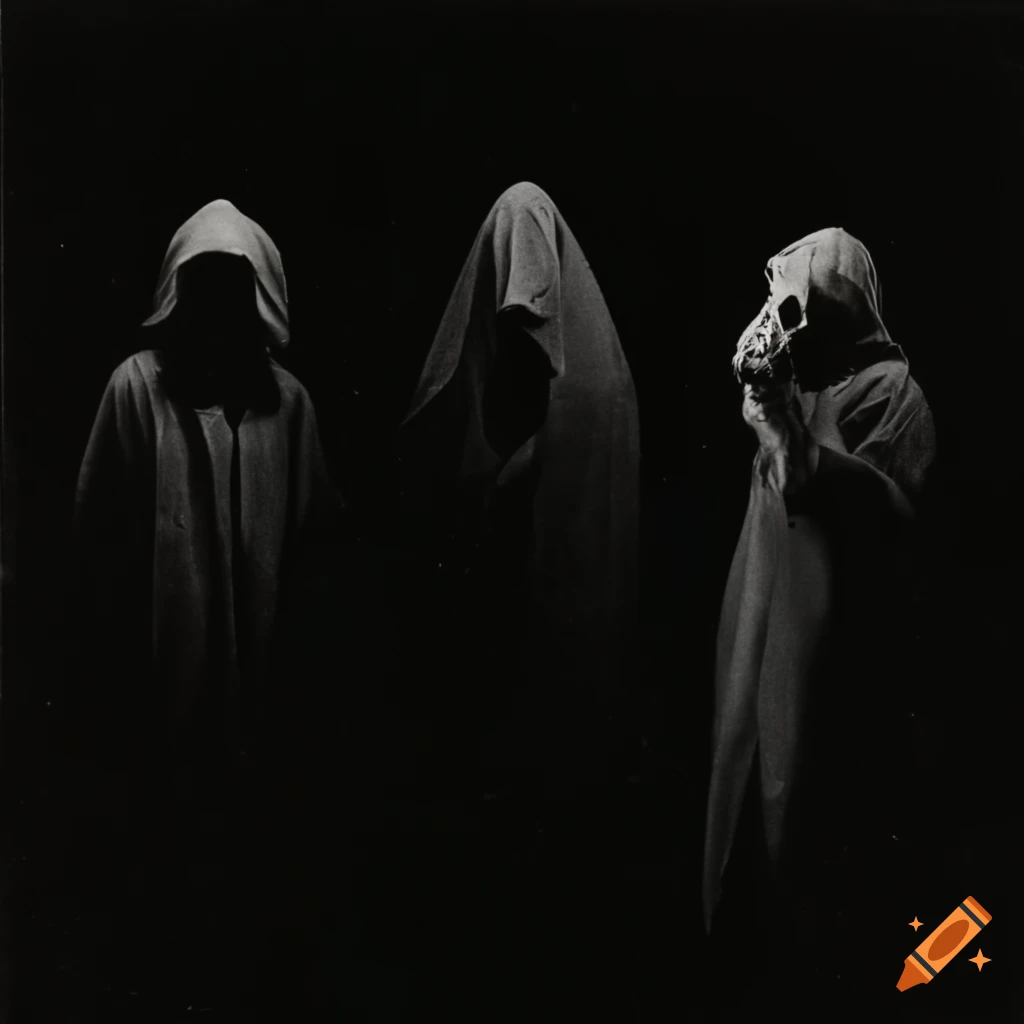 Vintage xerography art of hooded figures in a canyon on Craiyon