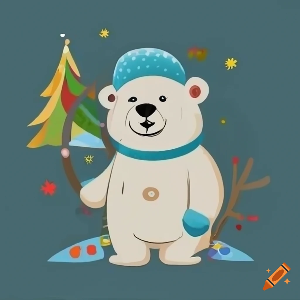 cartoon polar bear in a winter hat in Kandinsky style