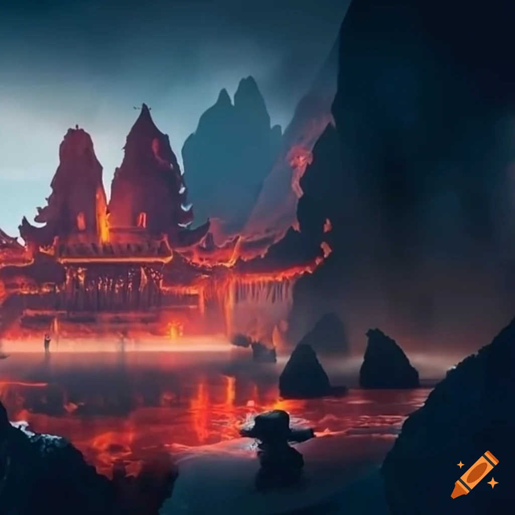 temple on a lava lake in a cave