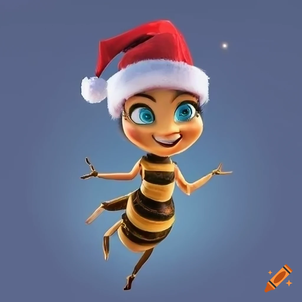 detailed Pixar style bee queen wearing Santa hat
