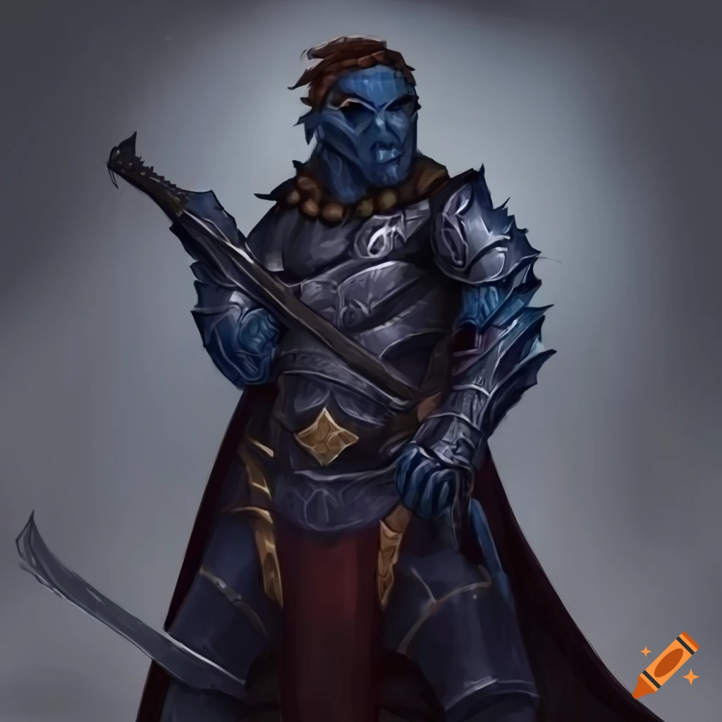 blue dragonborn wearing impressive armor