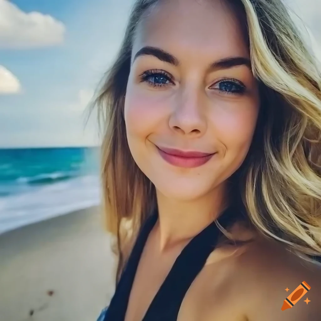 Young woman with long blonde hair at the beach on Craiyon