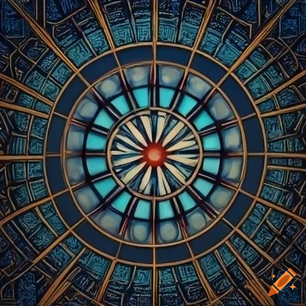 art deco style with geometric shapes in black, gold, red, and blue