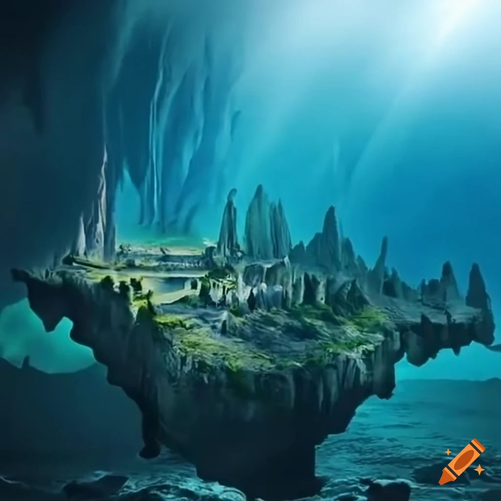 image of an underground lake with a town on an island