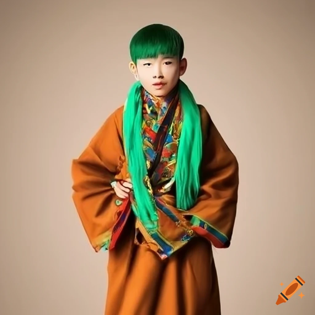 Realistic illustration of an asian teen boy with green hair