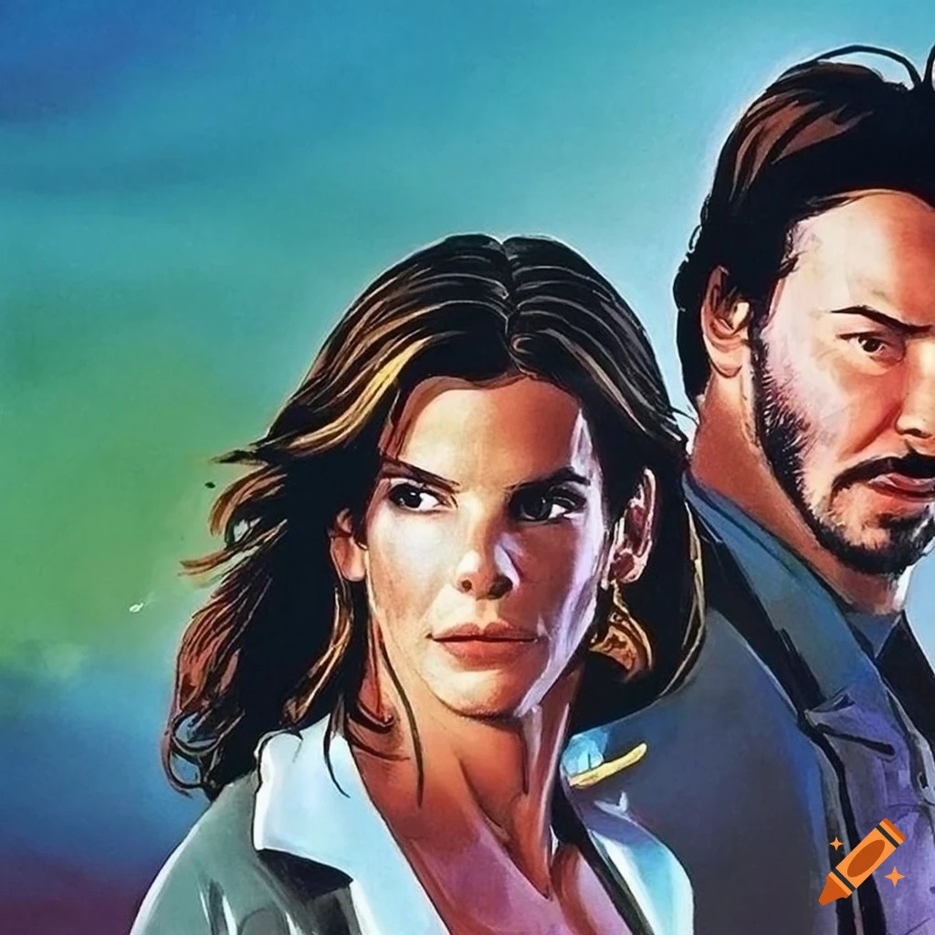 humorous illustration of Keanu Reeves and Sandra Bullock in the movie Speed