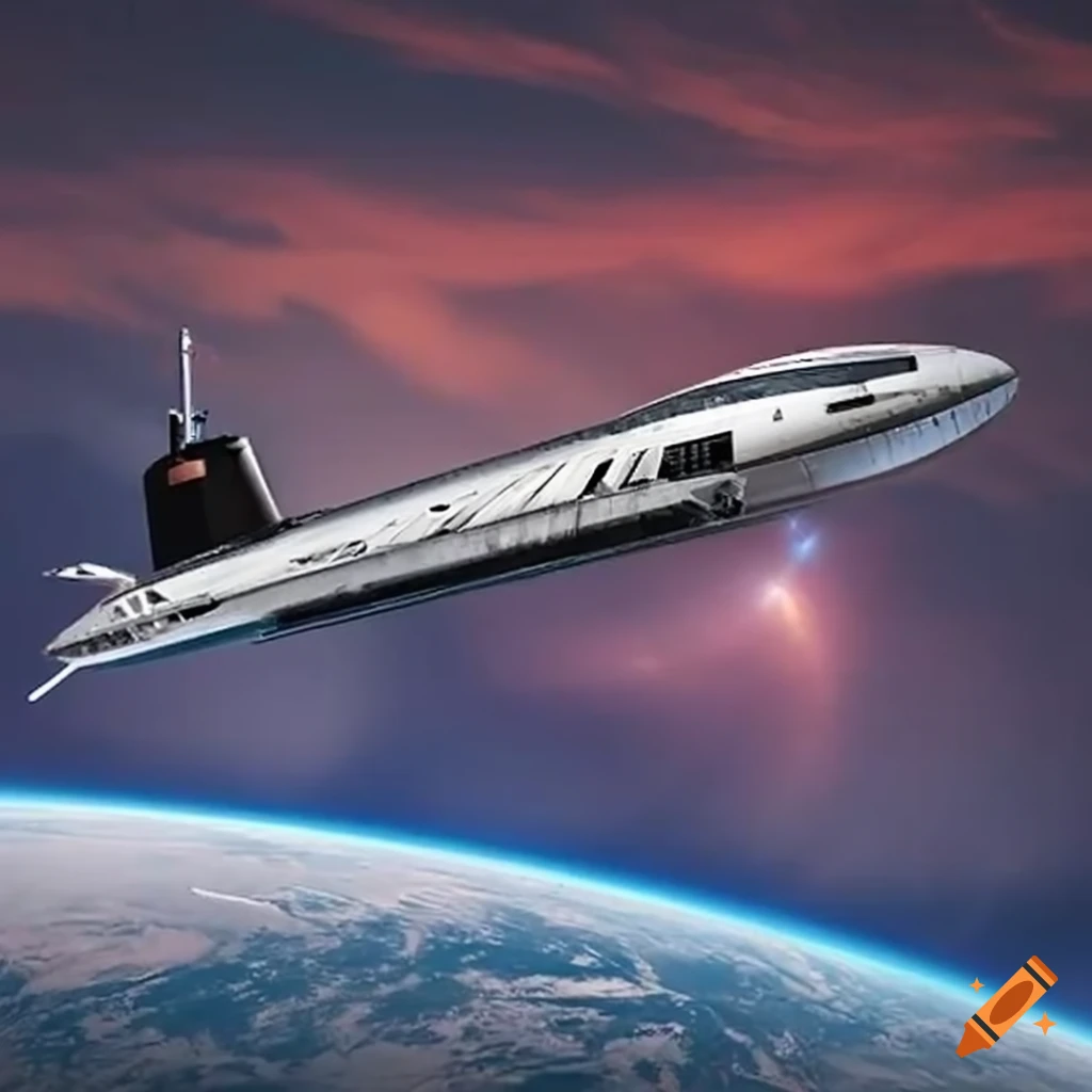 image of a sci-fi space submarine flying in space