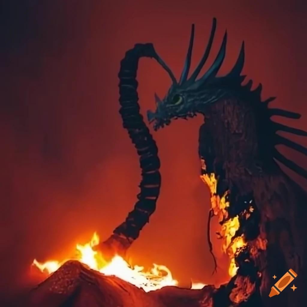 Dragon breathing fire in a volcano