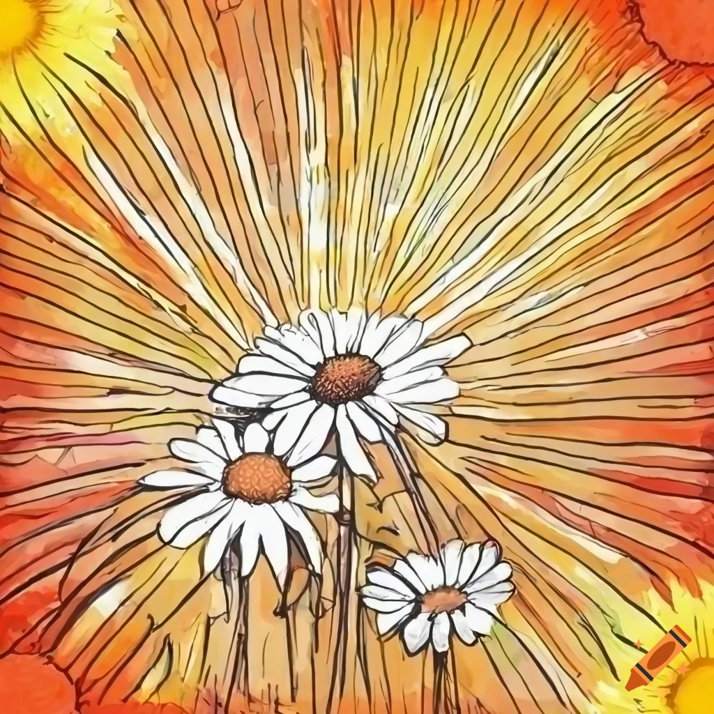 pencil drawing of blooming daisies in a meadow