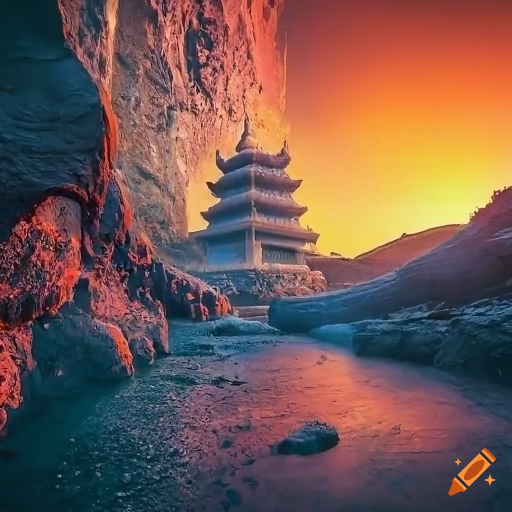 fantasy temple surrounded by lava