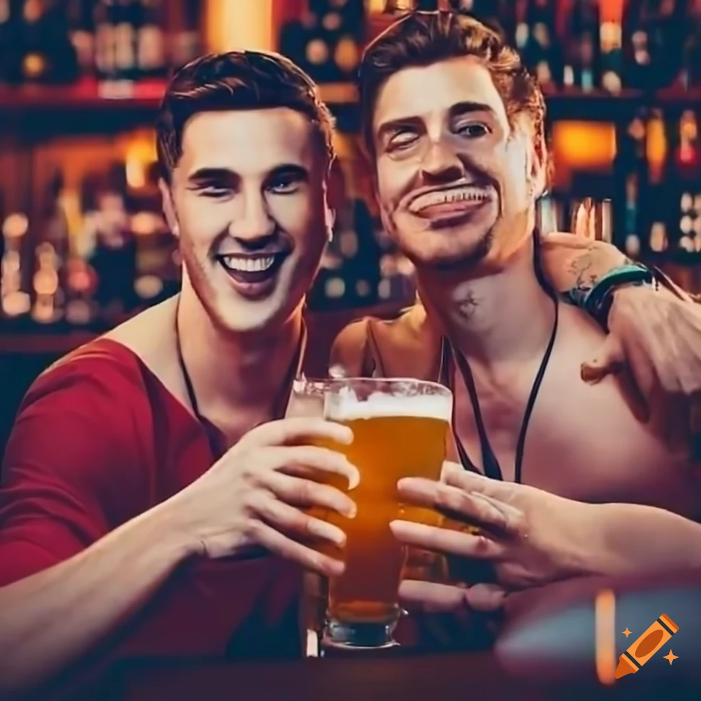 group of friends enjoying beers in a bar