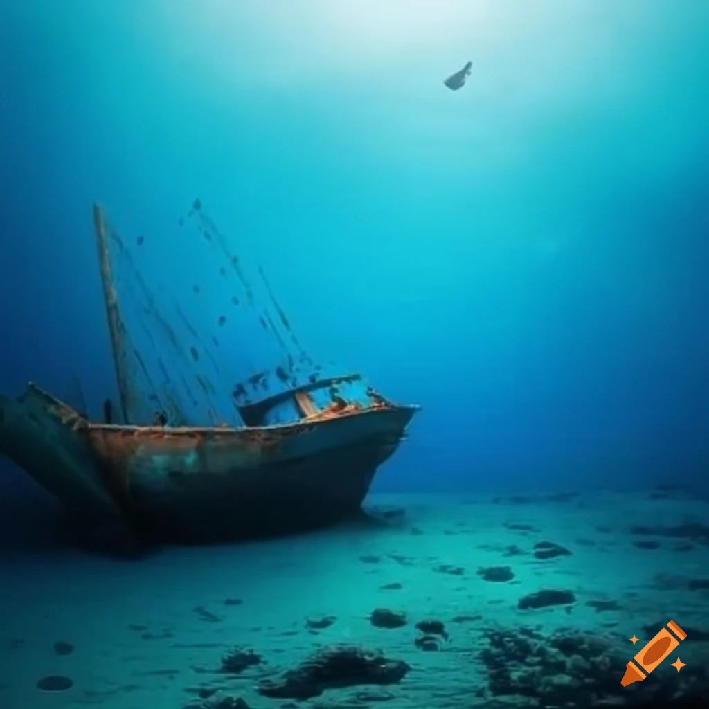 blue underwater scene with a shipwreck