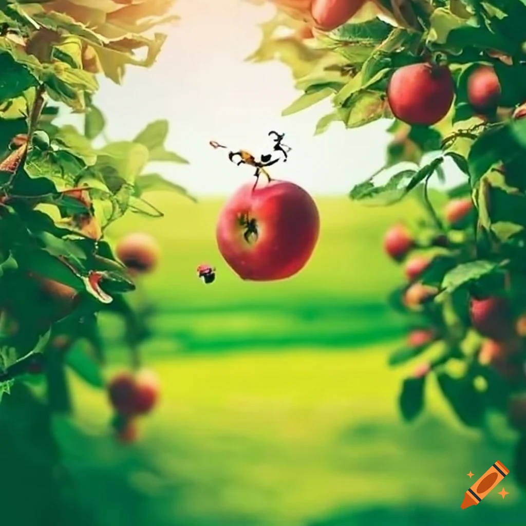 apple tree orchard with flying bugs