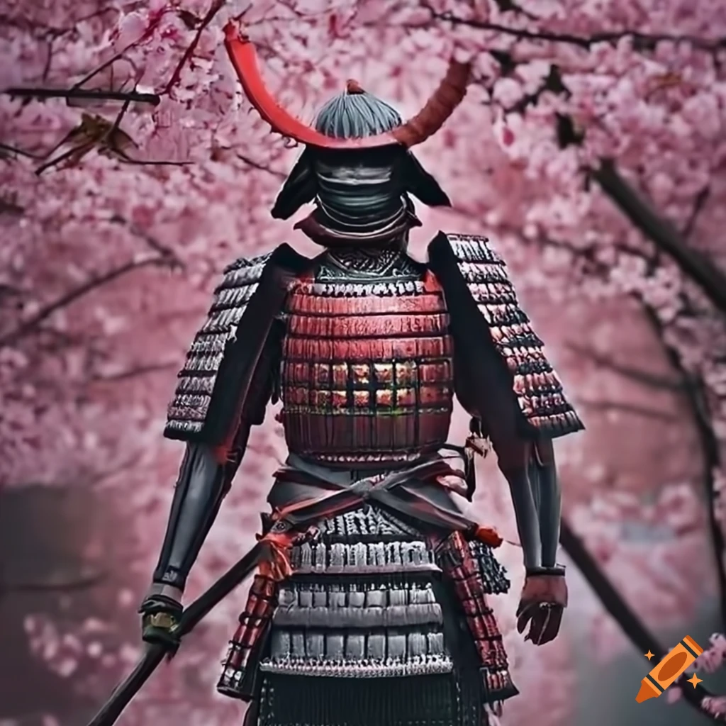 Samurai under blooming cherry blossom trees