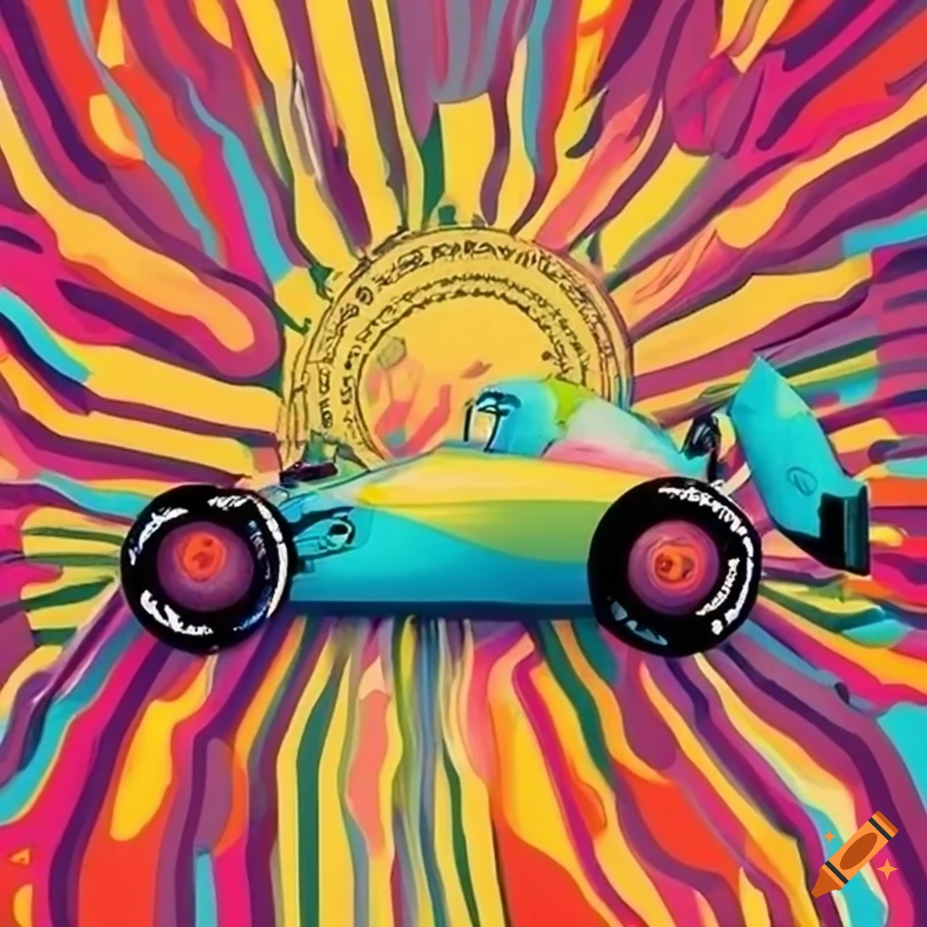 vibrant t-shirt design with racing cars in Eric Carle style