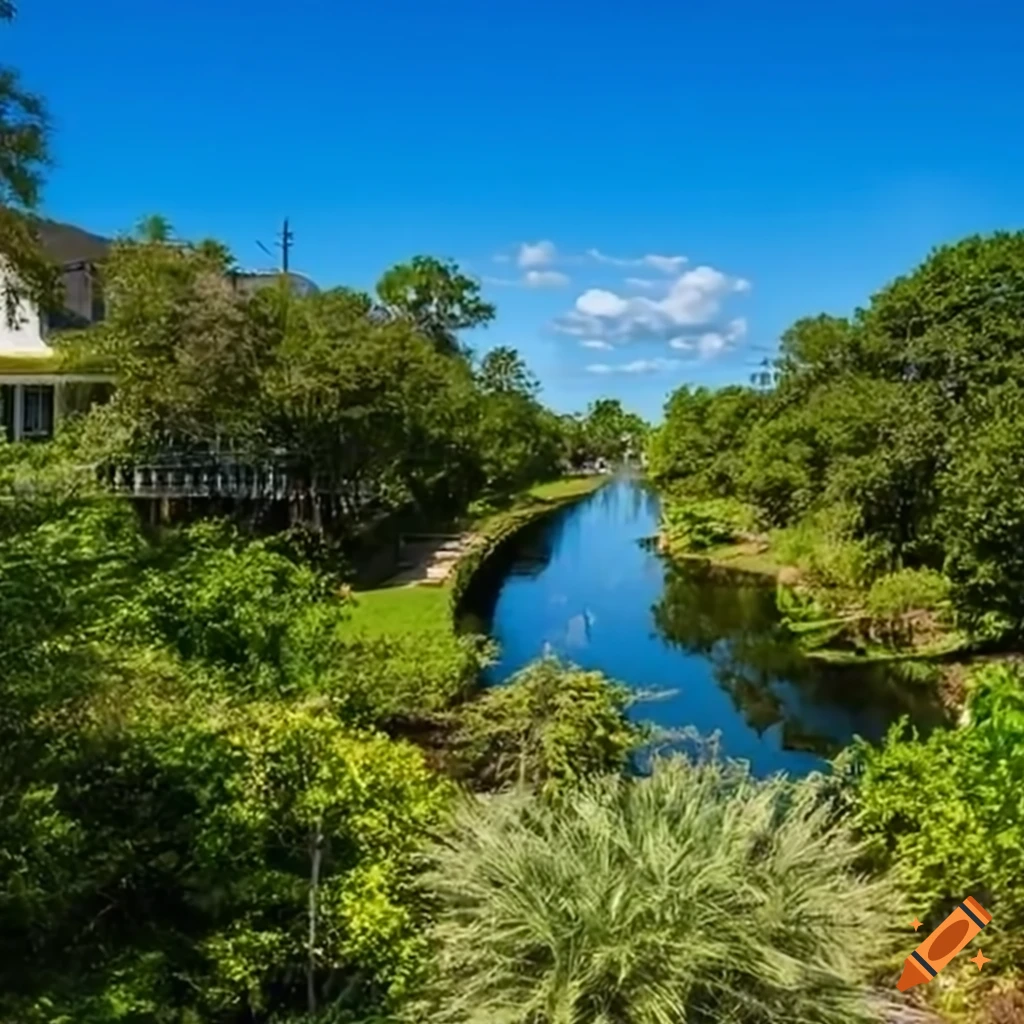 canal park in a neighborhood with native plants and footbridge