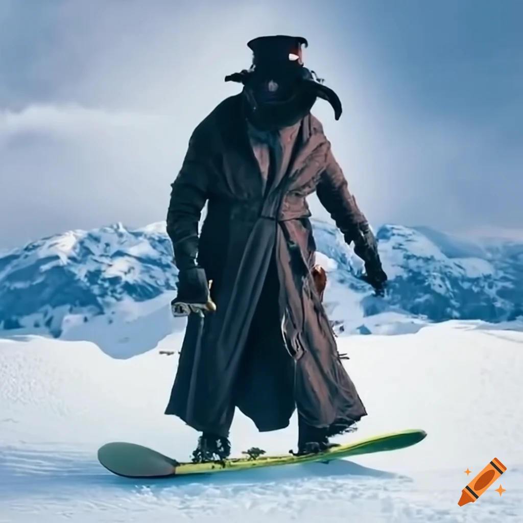 snowboarding Plague Doctor in a snowy mountain