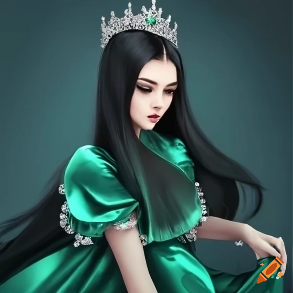Beautiful princess in a long dark green satin dress