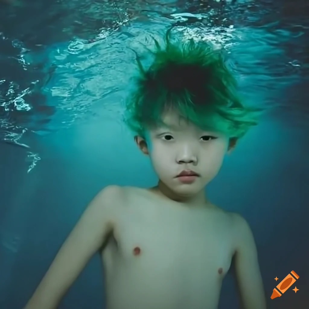 realistic art of an Asian boy with green hair floating in water