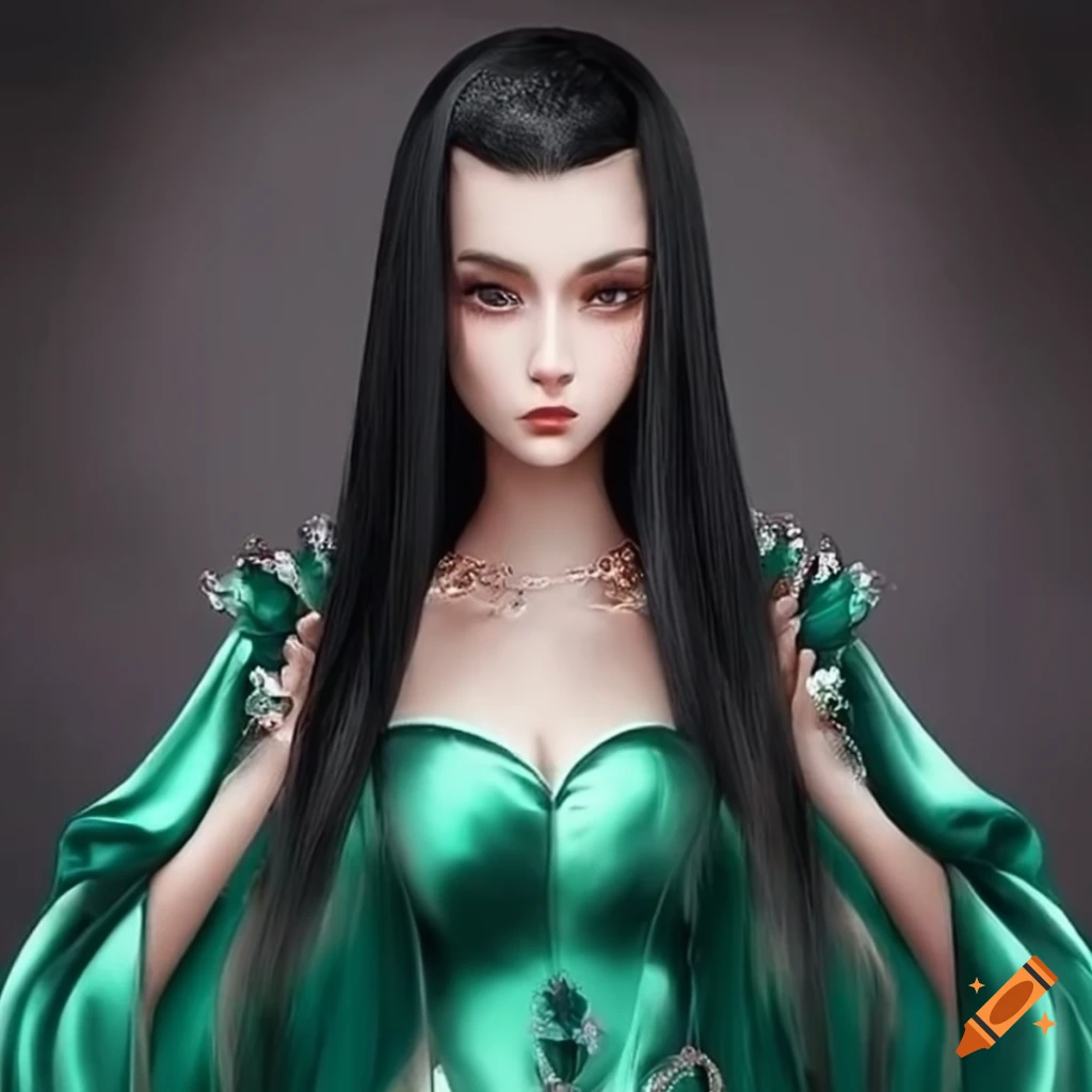 Beautiful princess in a long dark green satin dress on Craiyon