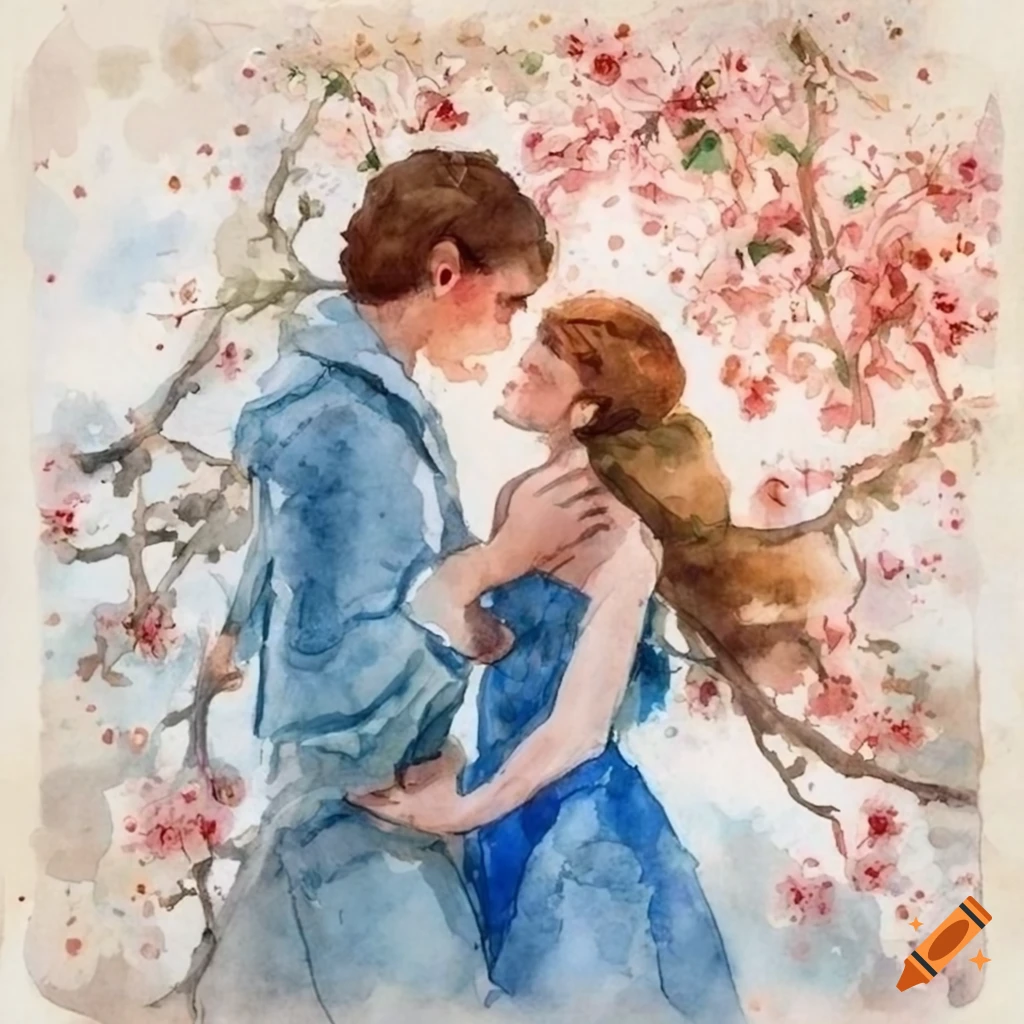 Romantic watercolor illustration of a couple under an apple tree on Craiyon