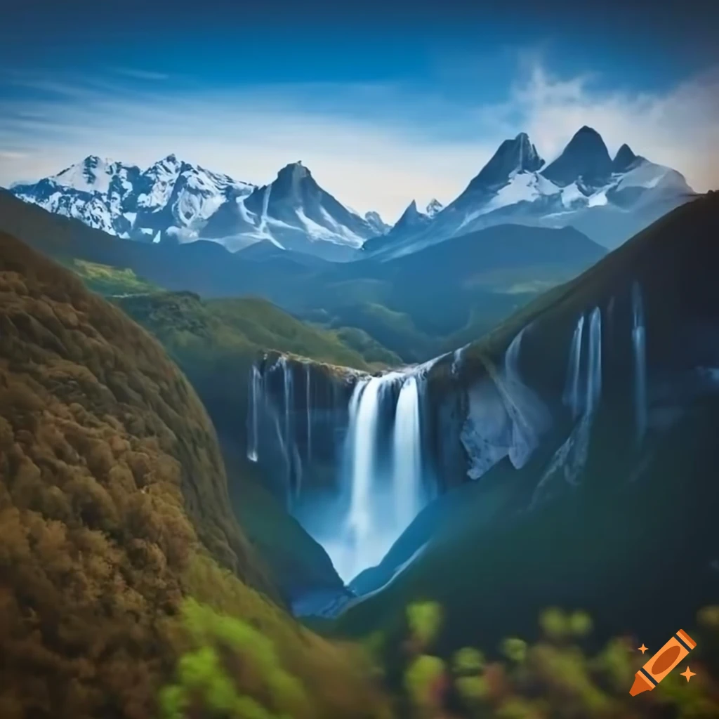 scenic mountain view with waterfall and birds in the sky
