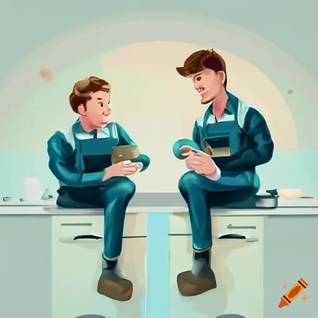 two professional handyman sitting on a kitchen counter
