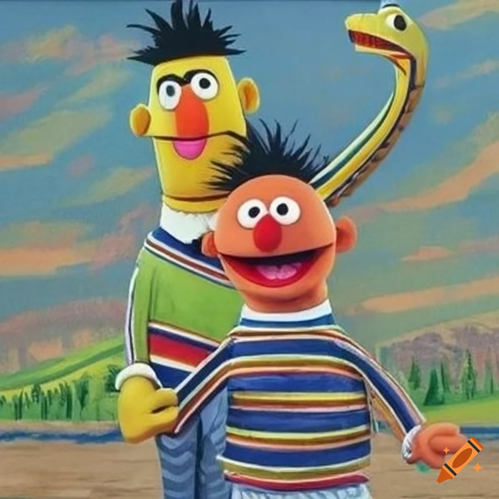 funny illustration of Ernie, Bert, and a dinosaur