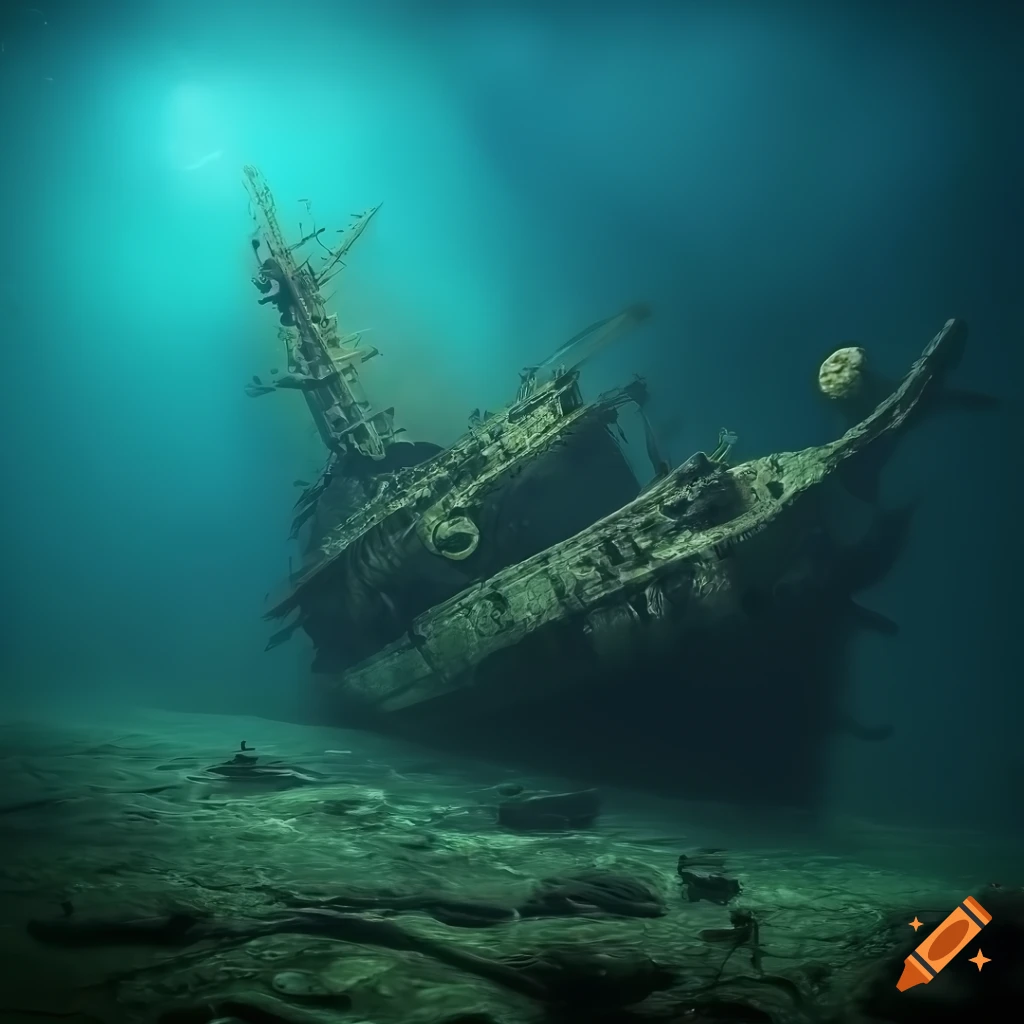 photorealistic desktop wallpaper of a sunken battleship