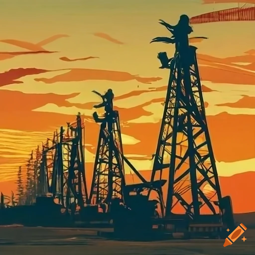 silhouette of oil rigs and cattle drive under a Texas sun