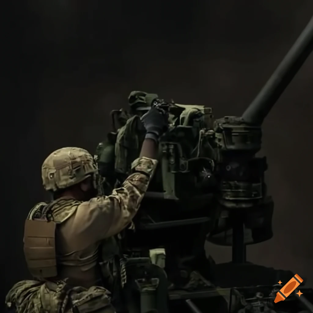 Soldier operating heavy artillery in combat on Craiyon