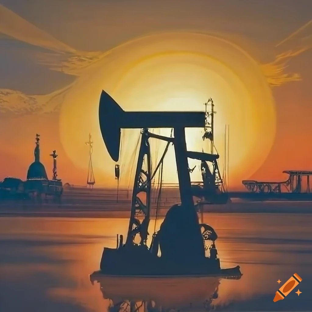silhouette of oil rigs and cattle drive under a hot Texas sun