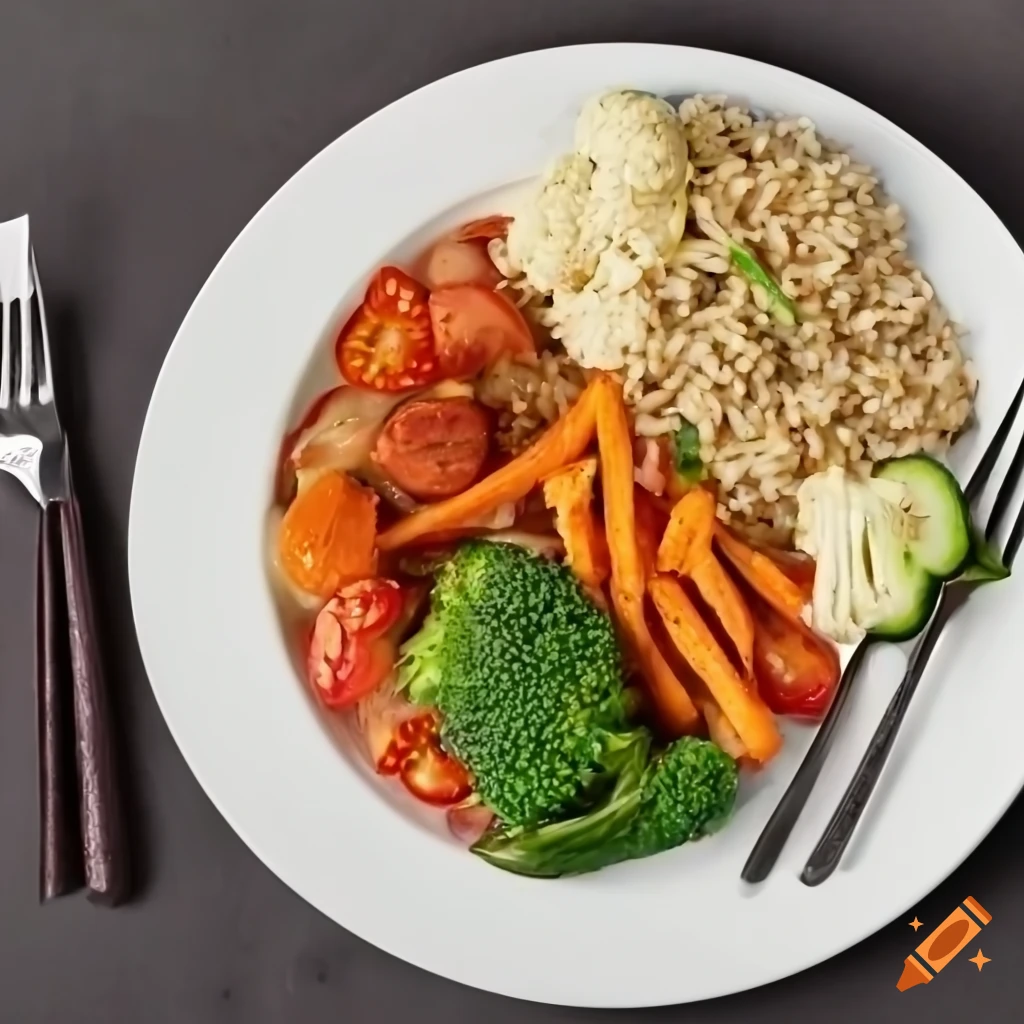 Healthy dinner plate with vegetables, brown rice, and chicken
