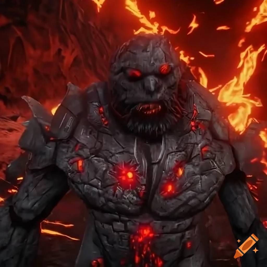 portrait of a black stone armored golem cyborg with red glowing crystals