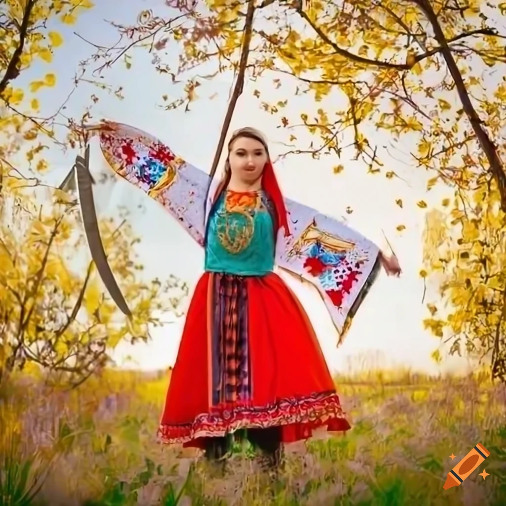 Ukrainian girl in traditional dress with giant scythe