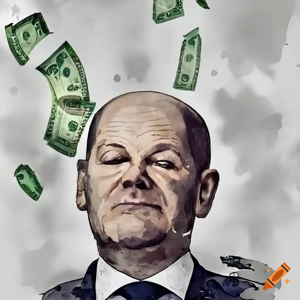 Illustration of olaf scholz throwing money