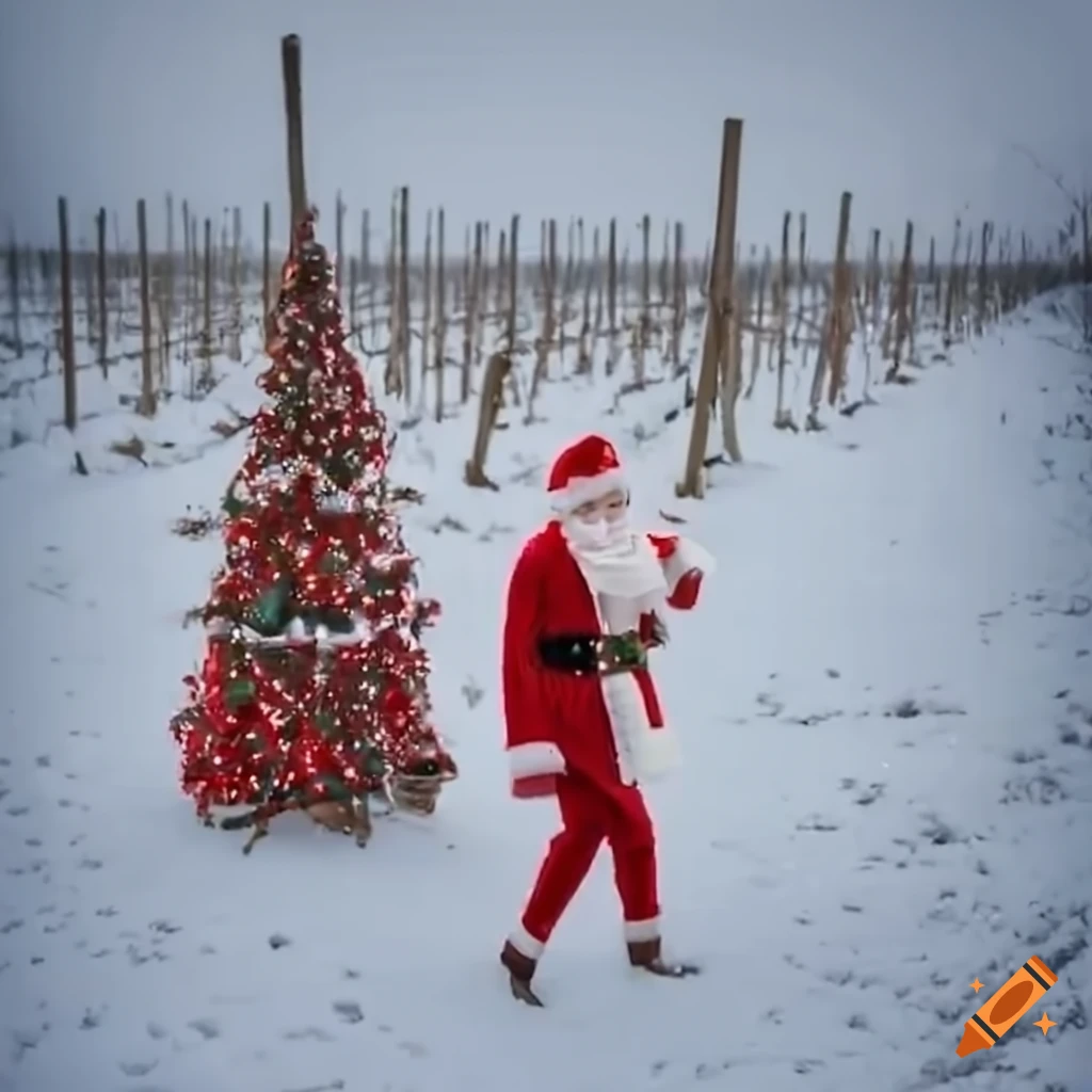 Santa Claus walking through a snow-covered vineyard