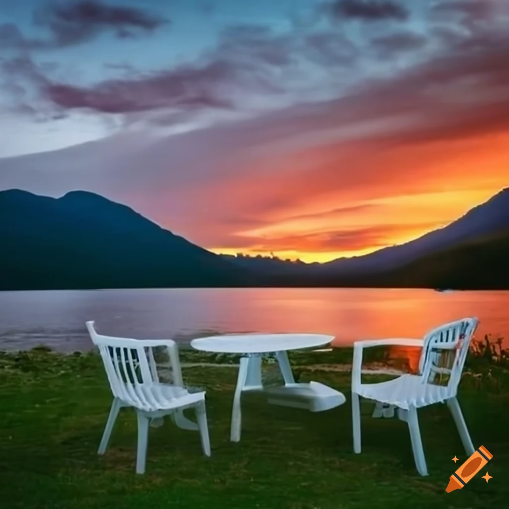 White plastic garden chairs and table on a patio with lake view on Craiyon