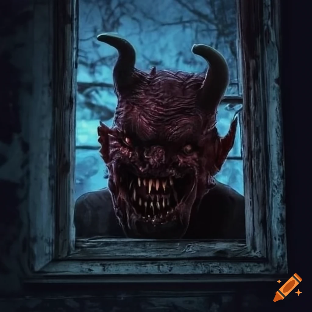 sinister devil peering through an old window