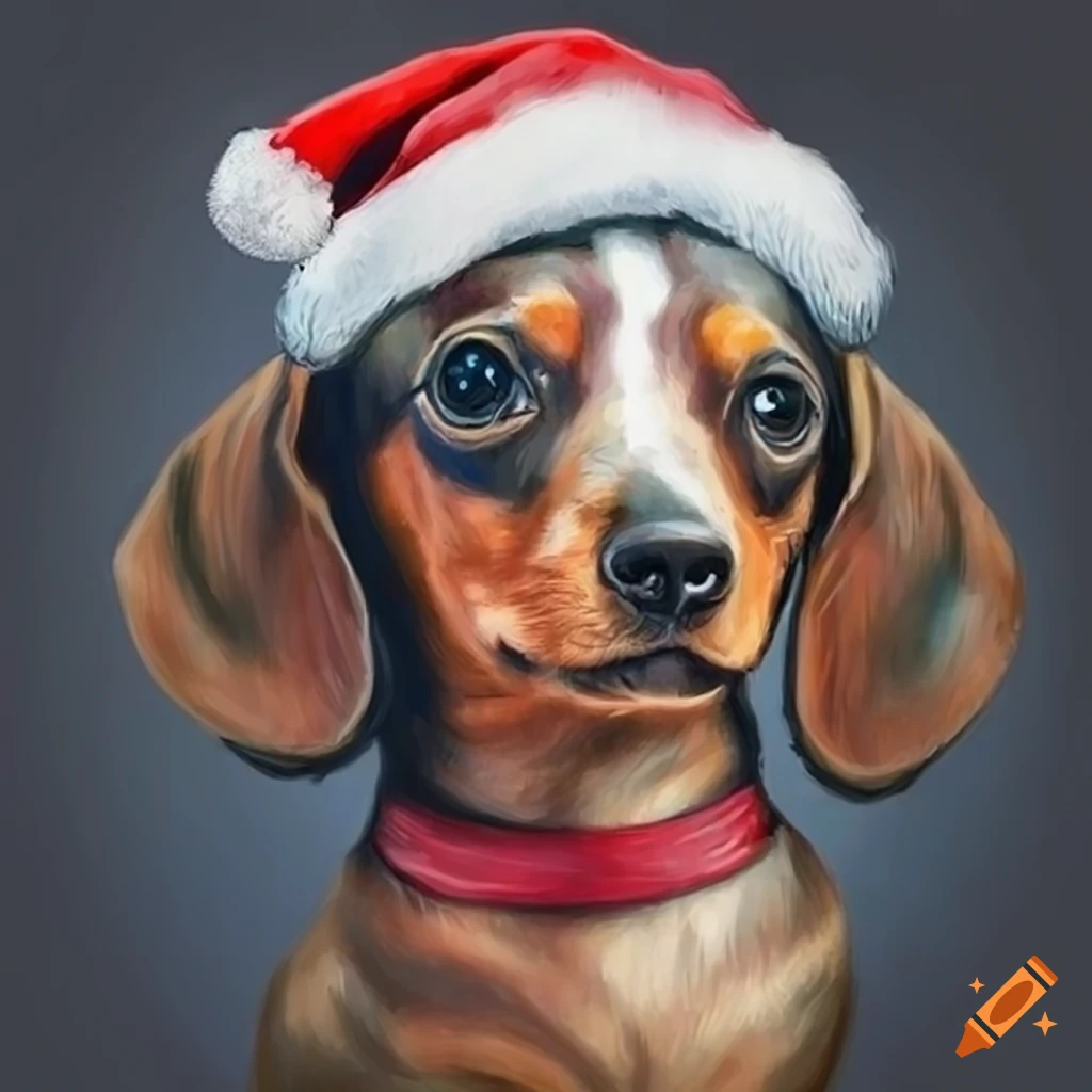 Hyper realistic drawing of a dachshund puppy with santa hat
