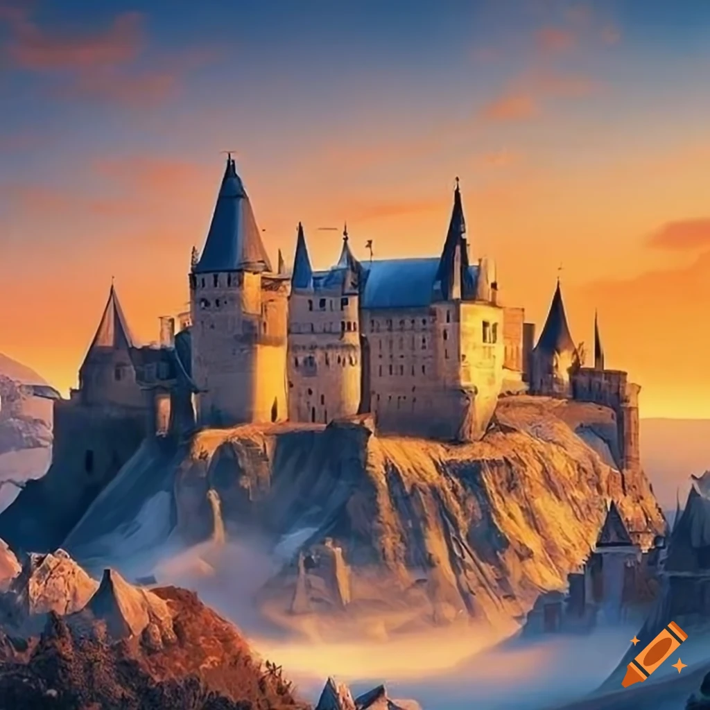 image of a romantic medieval castle on a mountain top with sunset