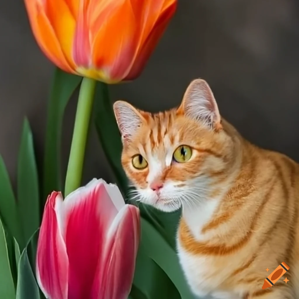 Orange cat with tulip flowers on Craiyon