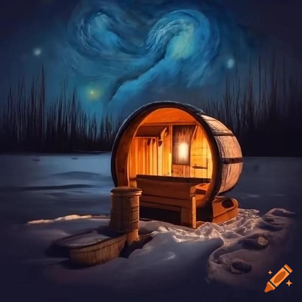 nighttime sauna by a frozen lake with steam rising